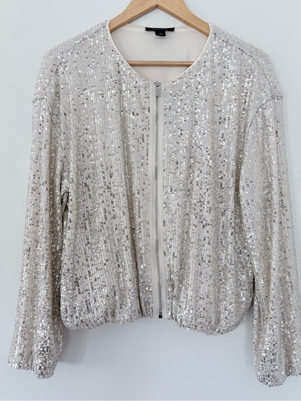 HALOGEN Silver Sequin Zip Bomber Jacket Sz 1 (14W) Sparkly Relaxed Fit Wore 1X